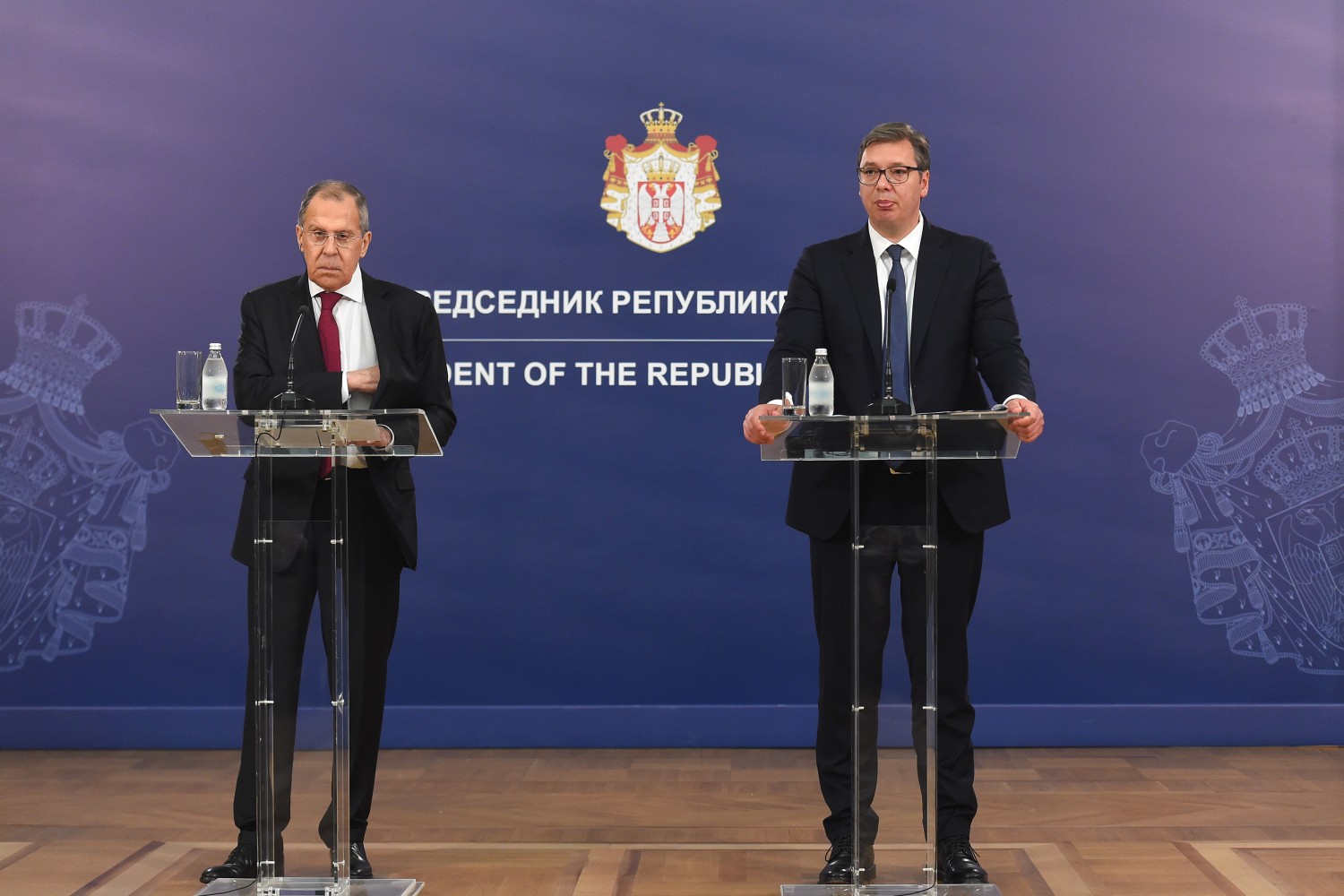 Ministar spoljnih poslova Rusije Sergej Lavrov i predsednik Srbije Aleksandar Vučić tokom zajedničke konferencije za medije (Foto: Tanjug/Dragan Kujundžić)