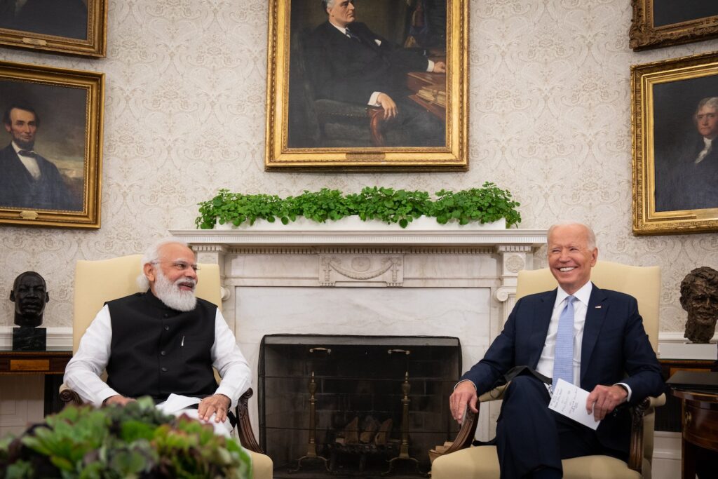 WASHINGTON, DC - SEPTEMBER 24: U.S. President Joe Biden (R) and Indian Prime Minister Narendra Modi participate in a bilateral meeting in the Oval Office of the White House on September 24, 2021 in Washington, DC. President Biden is hosting a Quad Leaders Summit later today with Prime Minister Modi, Australian Prime Minister Scott Morrison and Japanese Prime Minister Suga Yoshihide. (Photo by Sarahbeth Maney-Pool/Getty Images)