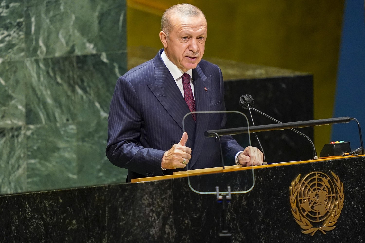Turkish President Recep Tayyip Erdogan addresses the 76th Session of the United Nations General Assembly, Tuesday, Sept. 21, 2021 at U.N. headquarters. (AP Photo/Mary Altaffer, Pool)