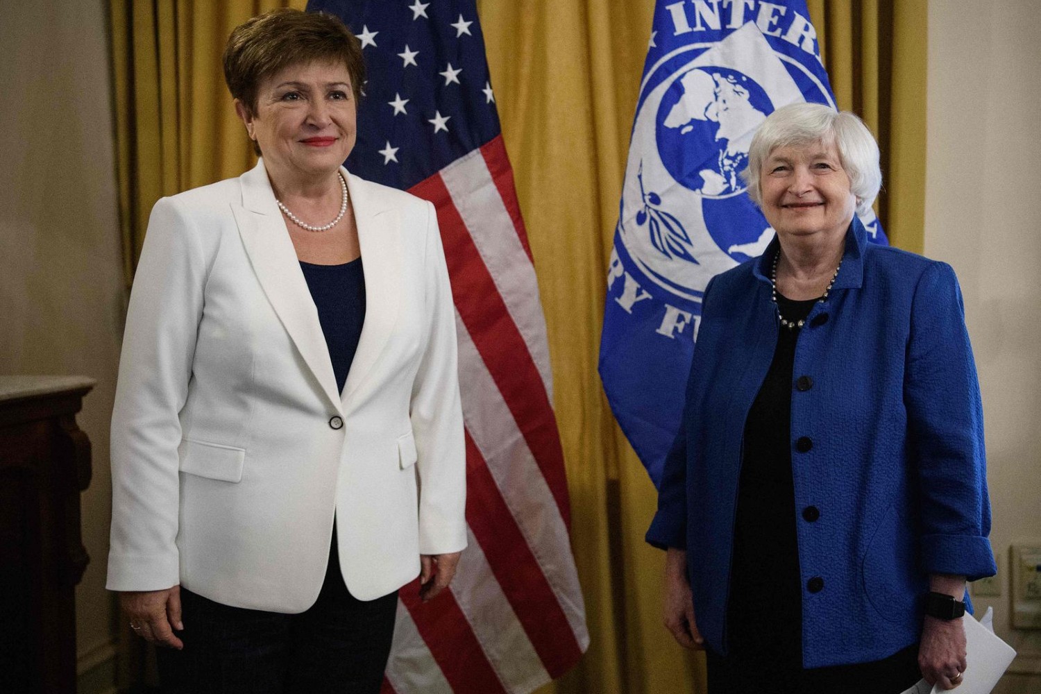 International Monetary Fund (IMF) Managing Director Kristalina Georgieva (L) and US Treasury Secretary Janet Yellen meet at the Treasury Department in Washington, DC, on July 1, 2021. (Photo by Nicholas Kamm / AFP) (International Monetary Fund (IMF
