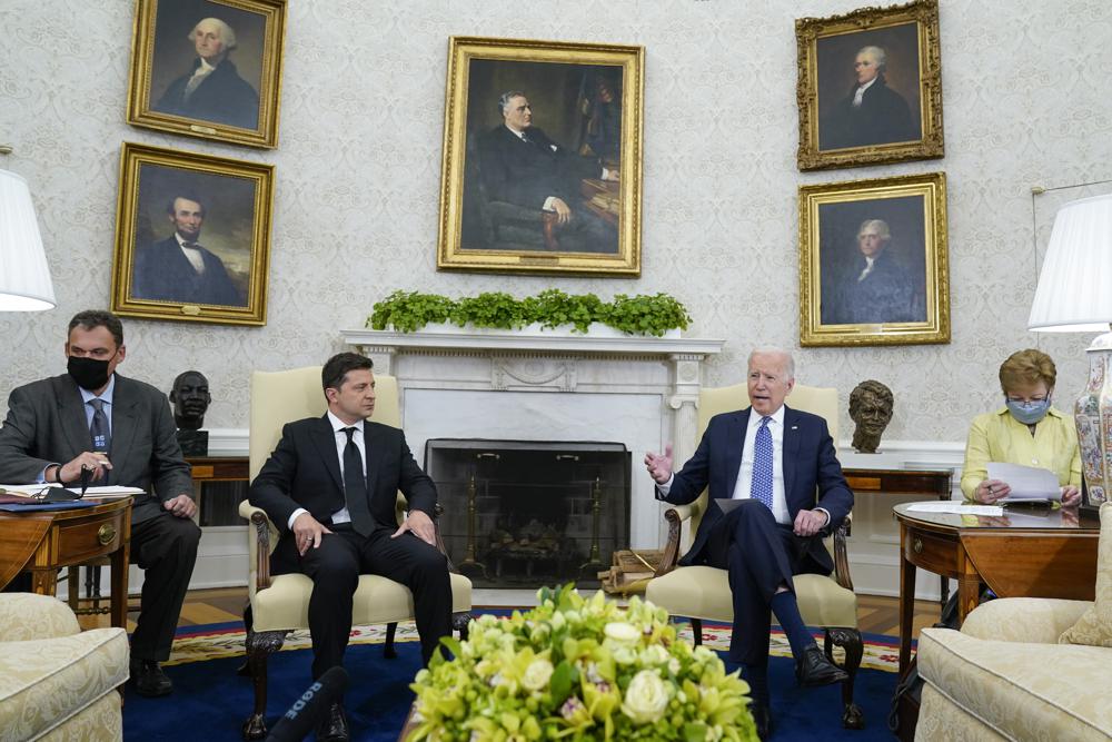 President Joe Biden meets with Ukrainian President Volodymyr Zelenskyy in the Oval Office of the White House, Wednesday, Sept. 1, 2021, in Washington. (AP Photo/Evan Vucci)