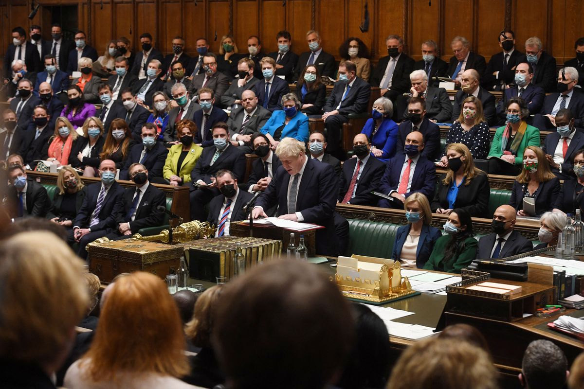 British Prime Minister Boris Johnson attends the weekly Prime Minister's Questions at the parliament in London, Britain, January 12, 2022. UK Parliament/Jessica Taylor/Handout via Reuters)