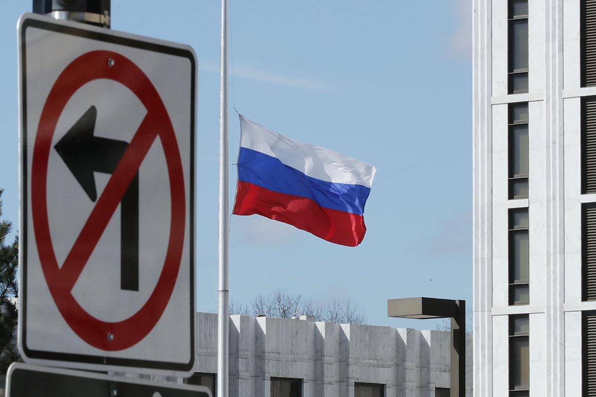 WASHINGTON, DC - MARCH 26: The Russian Federation flag flies in front of its embassy March 26, 2018 in Washington, DC. The United States government announced Monday that it will expel 60 Russian intelligence officers and order the Russian government to close its consulate in Seattle in response to Russia's alleged attempt to murder a former spy living in the United Kingdom. (Photo by Chip Somodevilla/Getty Images)