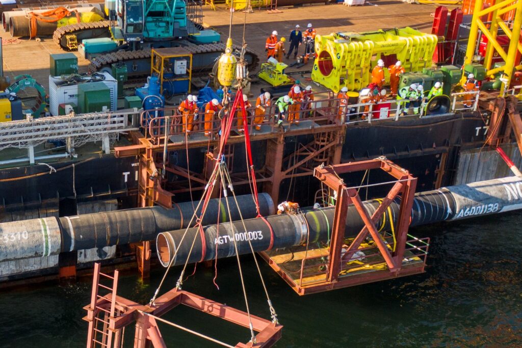 Specialists perform an above-water tie-in while finishing the construction of the Nord Stream 2 gas subsea pipeline onboard the laybarge Fortuna in the Baltic Sea, September 8, 2021. Picture taken September 8, 2021. Nord Stream 2/Handout via Reuters